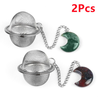 2Pcs Natural Indian Agate Moon Stainless Steel Tea Ball Strainer 