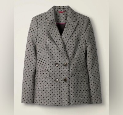 NWT Boden Gray Black Wool Blend Polka Dot Double Breasted Coat Size US 10 Medium