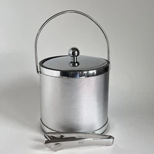 Vintage Elegance Kraftware Ice Bucket Silver Mesh Chrome Handle With Tongs USA