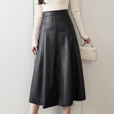 Lady Midi Skirt PU Faux Leather Swing High Waist Zip Pleated A-line Casual Black