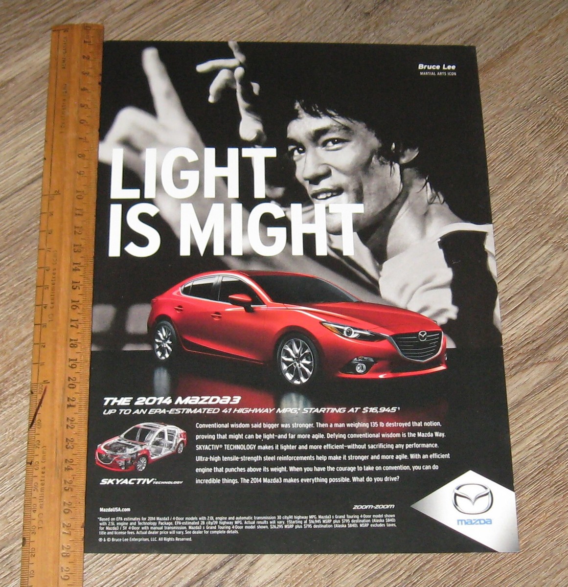 MAZDA Car AD 2014 Mazda3 Bruce Lee original ONE magazine page