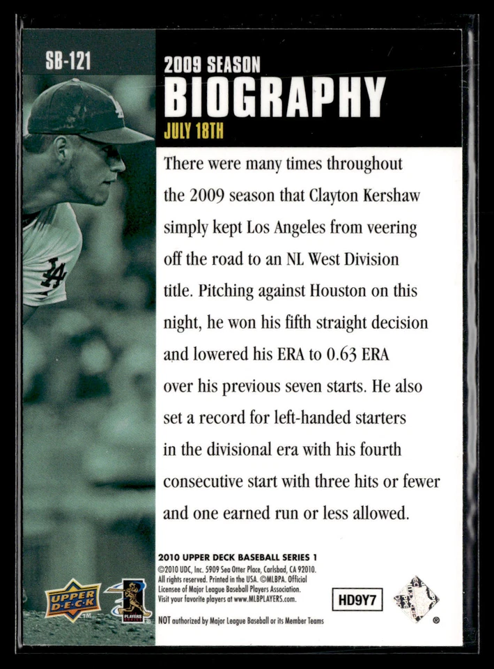2010 Upper Deck Clayton Kershaw SB-121 Los Angeles Dodgers - Image 2 of 2