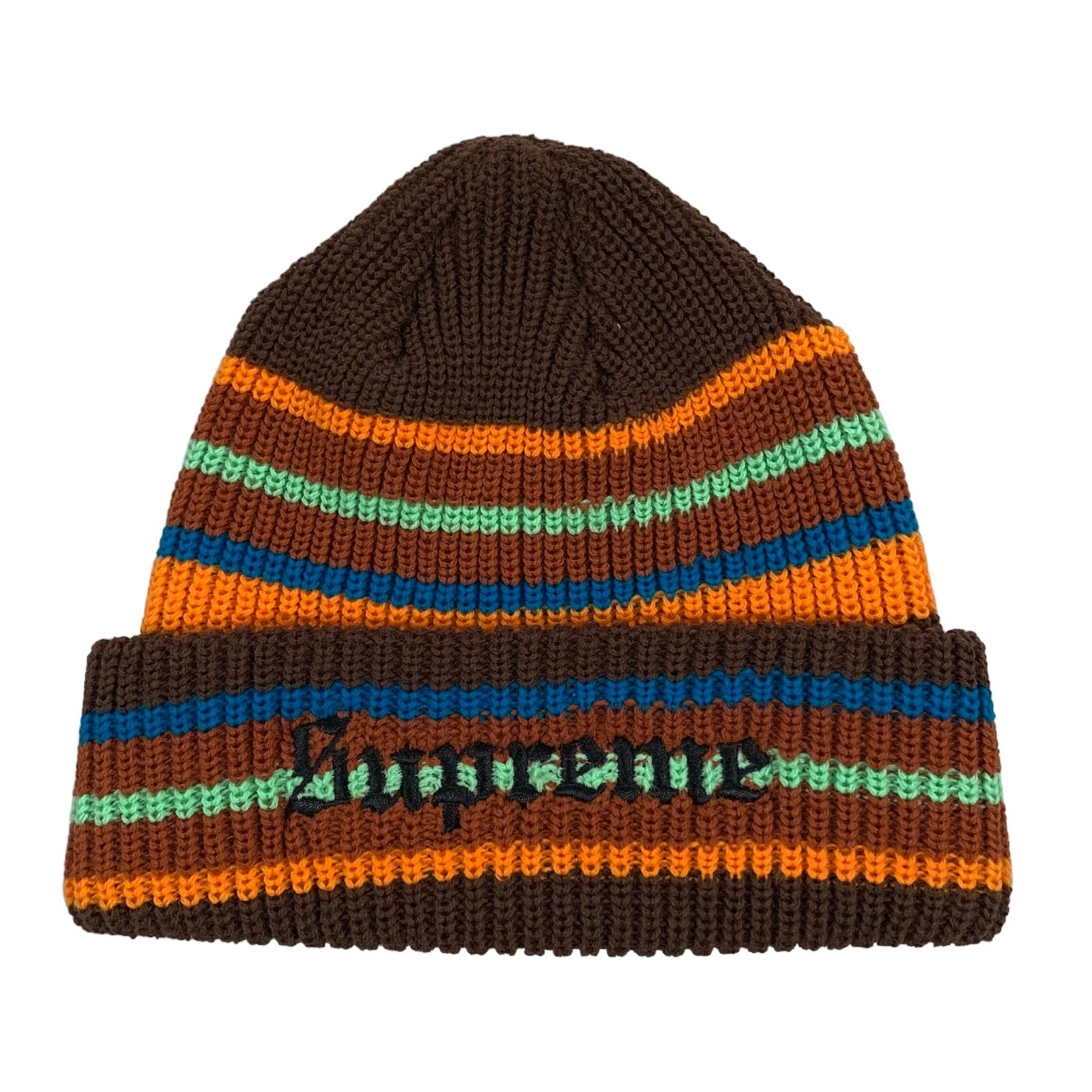 Bonnet Supreme marron brillant multicolore rayé FW18 automne hiver 2018