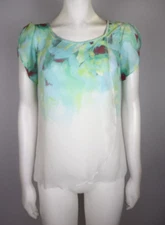 AB STUDIO - WOMEN'S GREEN AND WHITE PRINT SHEER BLOUSE - SIZE XS