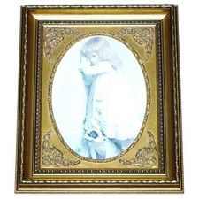 VINTAGE PRINT GILTED FRAME LITTLE GIRL AND DOG POSING 52 X 42 CM