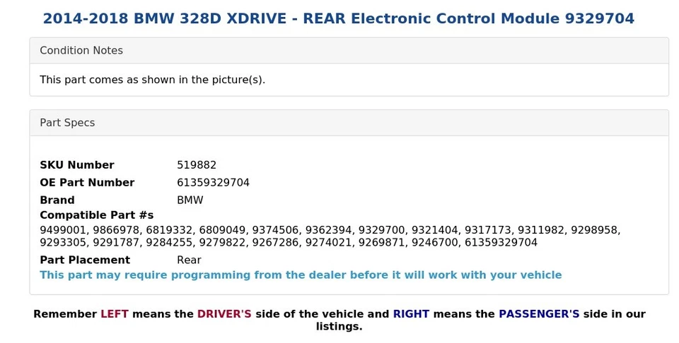 BMW 328D XDRIVE 2014-2018 - Módulo de control electrónico trasero 9329704 Foto 3 de 3
