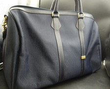 NINO CERRUTI Navy Blue Monogram Duffle Bag Canvas Leather Weekend Travel B974