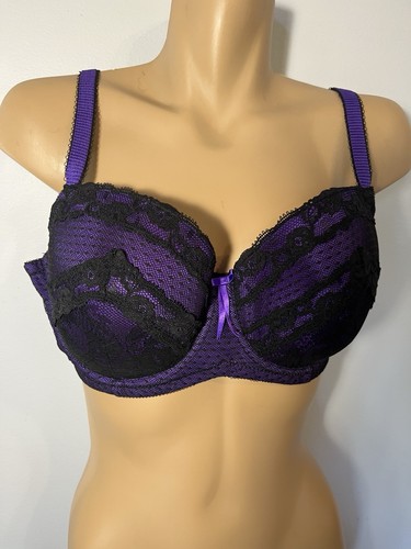 city chic Sz 14E purple underwire bra with black lace covering. Moulded cups - Picture 2 of 9