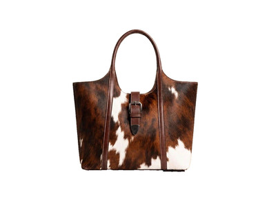 Genuine Cowhide Leather Tote Bag Printed  Brown White Shoulder Handbag Western