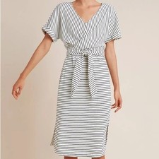 Anthropologie Pazienza Terry Cloth Criss Cross Tie Midi Dress Ivory/ Navy Medium