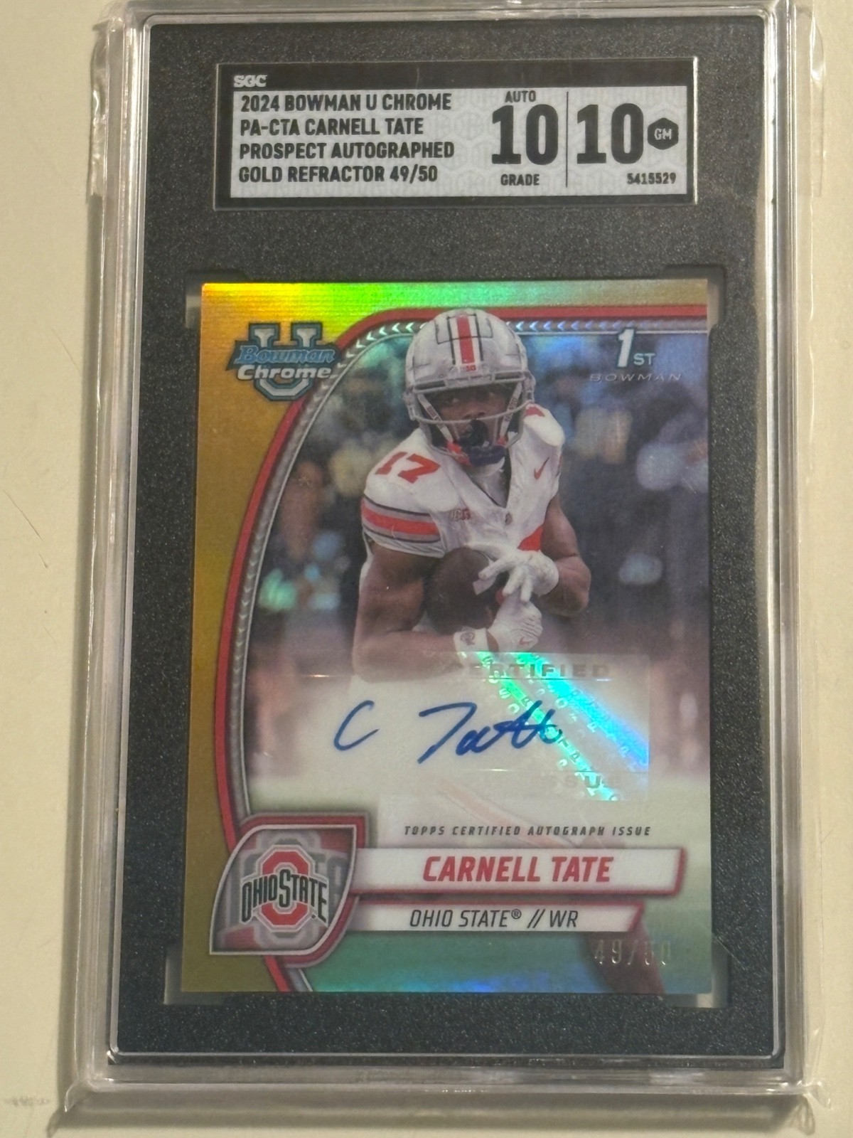 2024 Bowman Chrome U Carnell Tate Gold Refractor Auto SGC 10/10 GEM MINT! #'d/50
