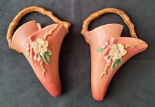 Set of 2 Roseville Pottery “ Apple Blossom” Coral Pink Wall Pockets # 366-8”
