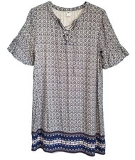 Old Navy Shift Dress  Lace Up Neck Womens MED Short Bell Sleeve Blue Print Boho