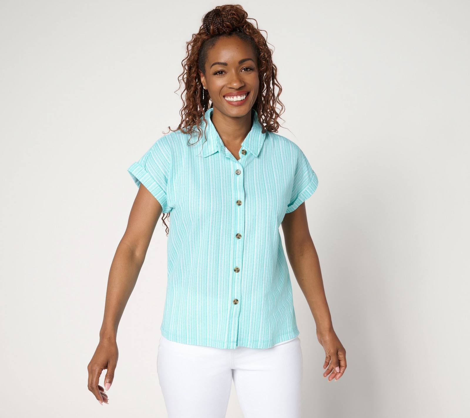 Belle by Kim Gravel Women's Top Sz M Cabana Knit Stripe Camp Shirt Blue A691837