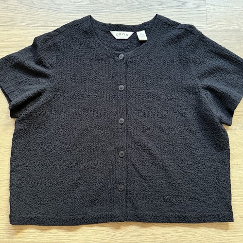 Orvis Top Damen XL schwarz strukturiert kastig Kurzarm Viskose Viskose Knopfleiste