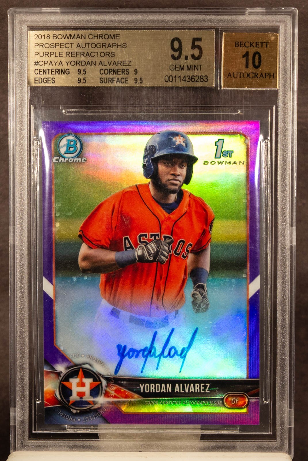 Yordan Alvarez 2018 Bowman Chrome Purple Refractor 1st RC /250 Auto BGS 9.5/10