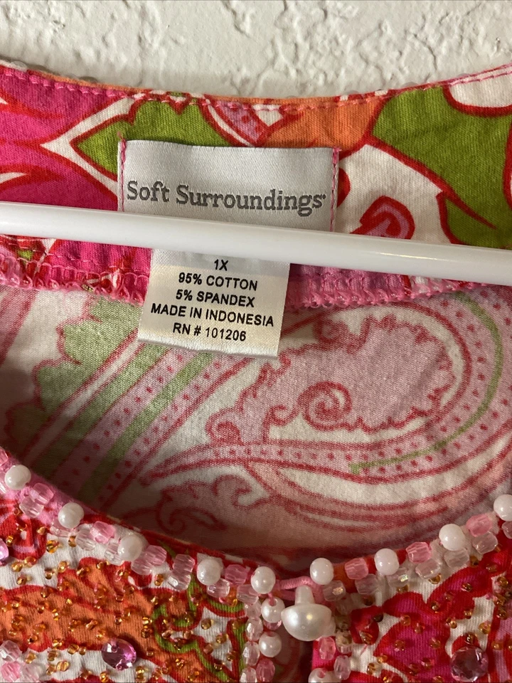 Top para mujer Soft Surroundings talla 1X túnica rosa cachemira cuentas algodón boho usado en excelente estado Foto 3 de 4