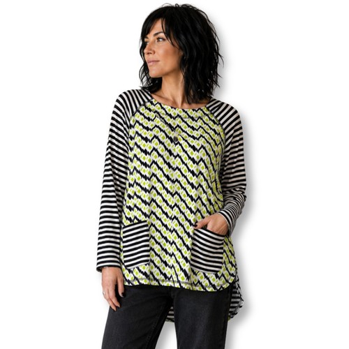 Sharon Young XL Geometric Top Black White Lime Green Pullover Striped Artsy Mod