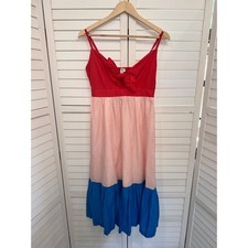 J.Crew Colorblock Tiered Midi Dress Womens Red Pink Blue Cotton 2