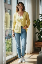 FLAX 100% Linen Yellow Button Down Lagenlook Tunic Top Longsleeve Size M