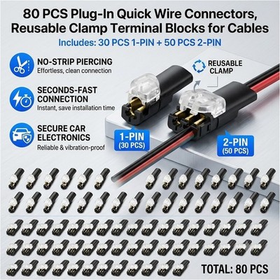 80Pcs Car Electrical Wire Connectors Quick Splicing Terminal Block 1/2-Pin