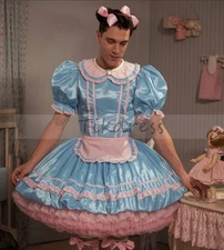 Elegant Funny Maid Dress For Men Malemaid Blue With Pink CosplayDress With Apron