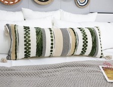 Boho Long Lumbar Throw Pillow Cover 14 x 36 Dark Green, Chenille Morocan Extr...