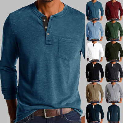Herren Hemd Knopfleiste Langarmshirt Henley Longsleeve Sweatshirt Tops Pullover