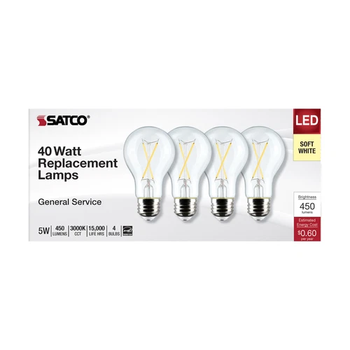 4 Pack Satco S12461 LED Filament 5W =40W A19 Medium E26 Clear 3000K Soft White - Picture 7 of 11