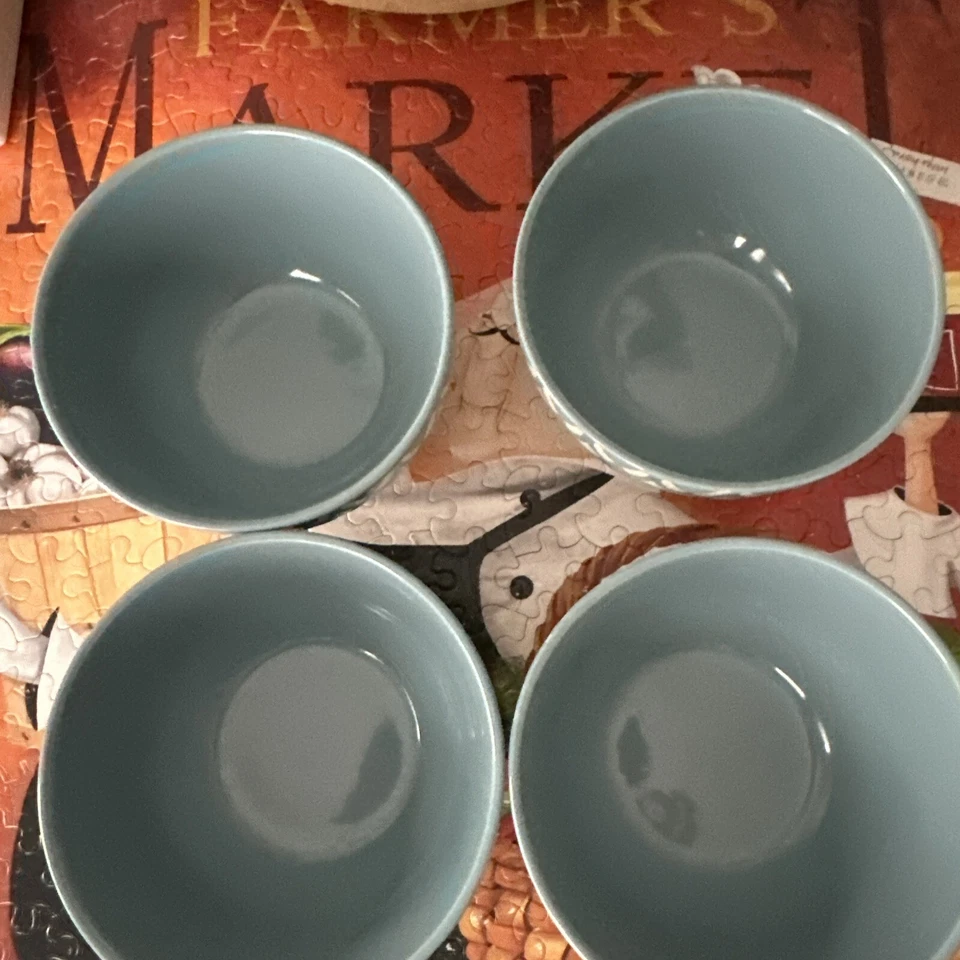 Rachael Ray PENDULUM Soup / Cereal bowl set of (4) White & Blue, Handpainted - Image 3 of 4