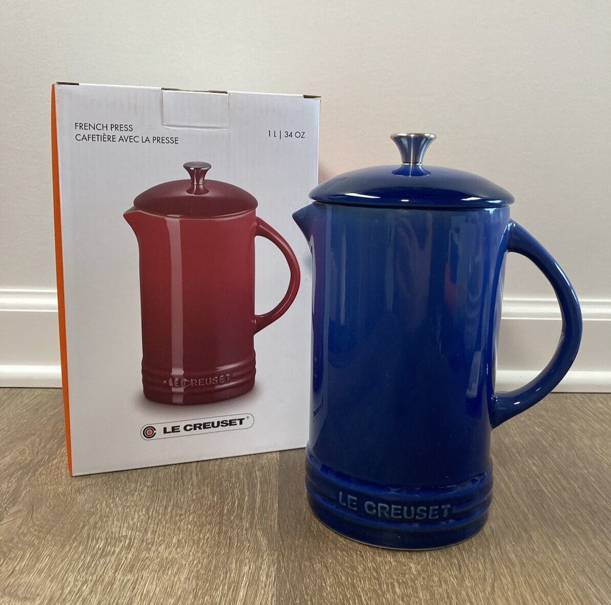 "Cobalt" LE CREUSET 34 Oz Large French Coffee Press NWT Stoneware Ombre Blue