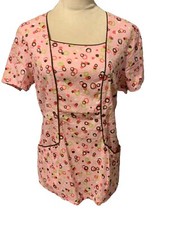 Cherokee Scrub Top Pink W Brown Trim Square Neckline Size Small