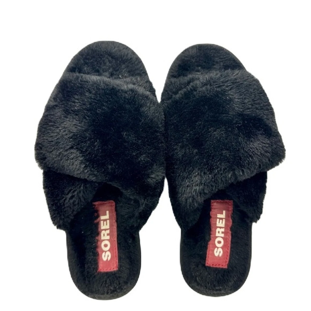 Sorel Go Mail Run Black Fuzzy Faux Fur Slip On Sandal Slippers