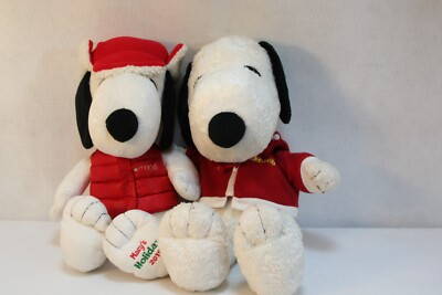 Lot of 2 Macy's Holiday 2015 Peanuts Snoopy Plush Stuffed Animal Toy Vest Hoodie