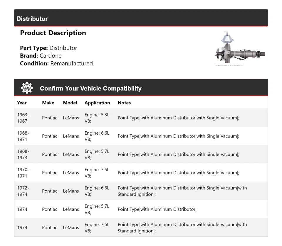 Para Pontiac LeMans 1963-1974 Distribuidor Cardone 1964 1965 1966 1967 1968 1969 Foto 2 de 4