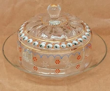 Antique Serving Dish w/ Domed Lid Hand Painted Enamel Blown Glass Clear