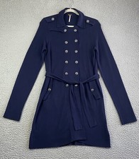 Free People Antiqued Button Front Knit Dress Large Navy Long Sleeve Pockets EXC