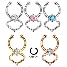1pc Non-Piercing Single CZ Gem Septum Hanger Clip-On Fake Nose Ring Body Jewelry