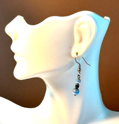 Vintage Artisan Handmade Blue Cat's Eye Beads 1.5'' Silver Tone Dangle Earrings
