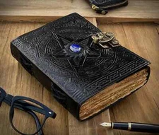 Book of shadows vintage leather journal with semi precious stone.