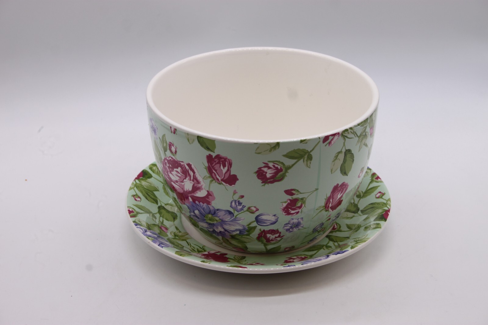 TEA CUP PLANT POT Oversized Ceramic Green Floral Patterned Planter with