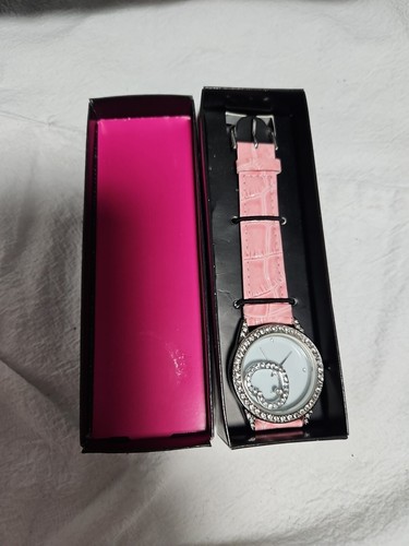AVON Floating Heart Watch Diamond Gemstone Face Pink Faux Leather Band