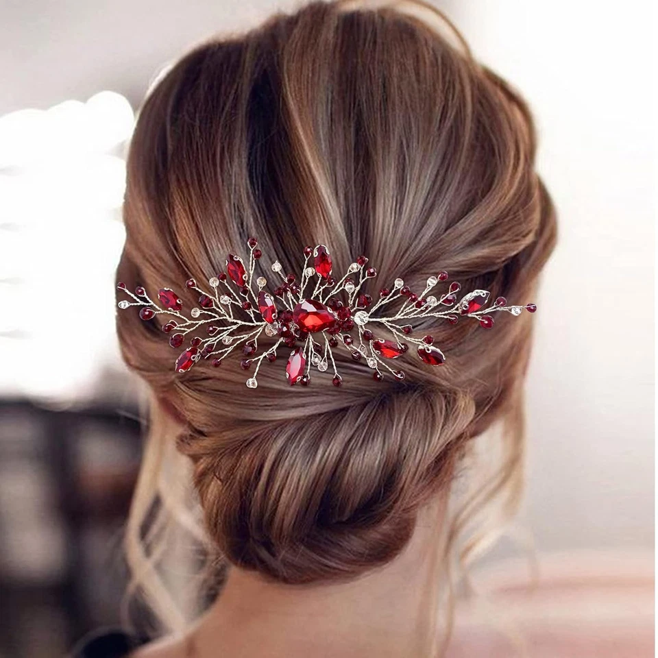 Bridal Wedding Hair Comb Wine Red Crystal Sliver Hair Vine Piece Accessories for - Image 2 of 4