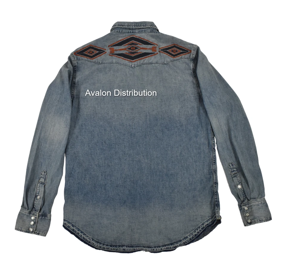 Polo Ralph Lauren RRL Style Embroidered Western Aztec Frayed Denim Shirt New - Image 4 of 4