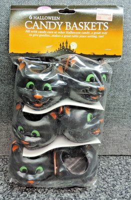 Vintage Fun World Blow Mold Halloween Candy Baskets 6 Black Cat Friendly Display