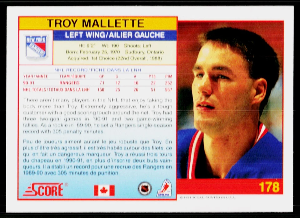 Troy Mallette, 1991-92 Score Canadian Bilengual, #178, New York Rangers, - Image 2 of 2
