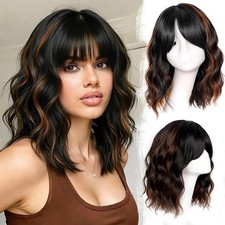 Black Mixed Brown Wig with Bangs Short Wavy Bob Wigs for Women Synthetic 14 Inch