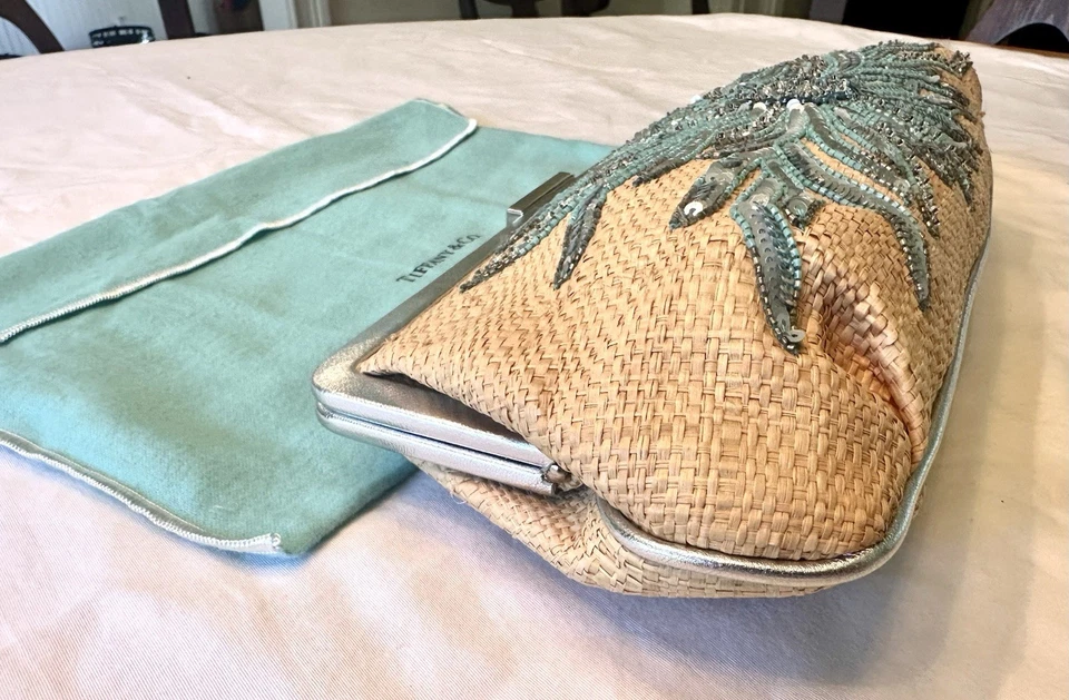 TIFFANY & Co. Raffia Minaudiere синий и серебристый блестками украшенный соломенный клатч. - Изображение 3 из 4