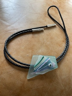 Fused Glass Leather Adjustable Bolo  String Tie Silver Tips Western Boho Artsy