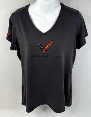 Corvette Cross Flags V-Neck Ladies Tee Sz Small C8 Modern Next Generation Black